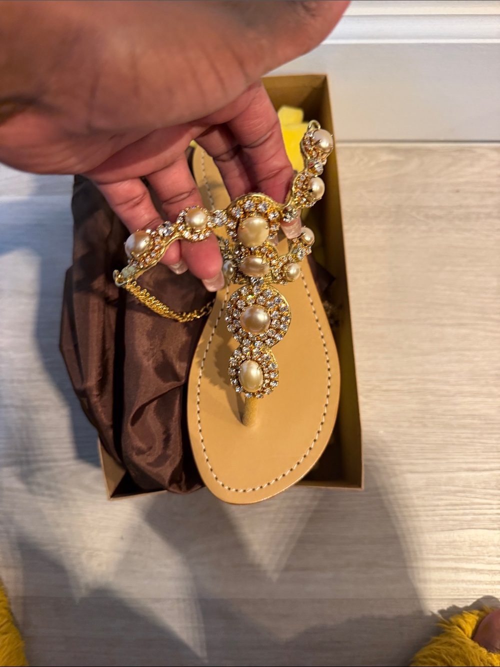Mystique Boutique Gold Jeweled Pearl T-Strap Sandals